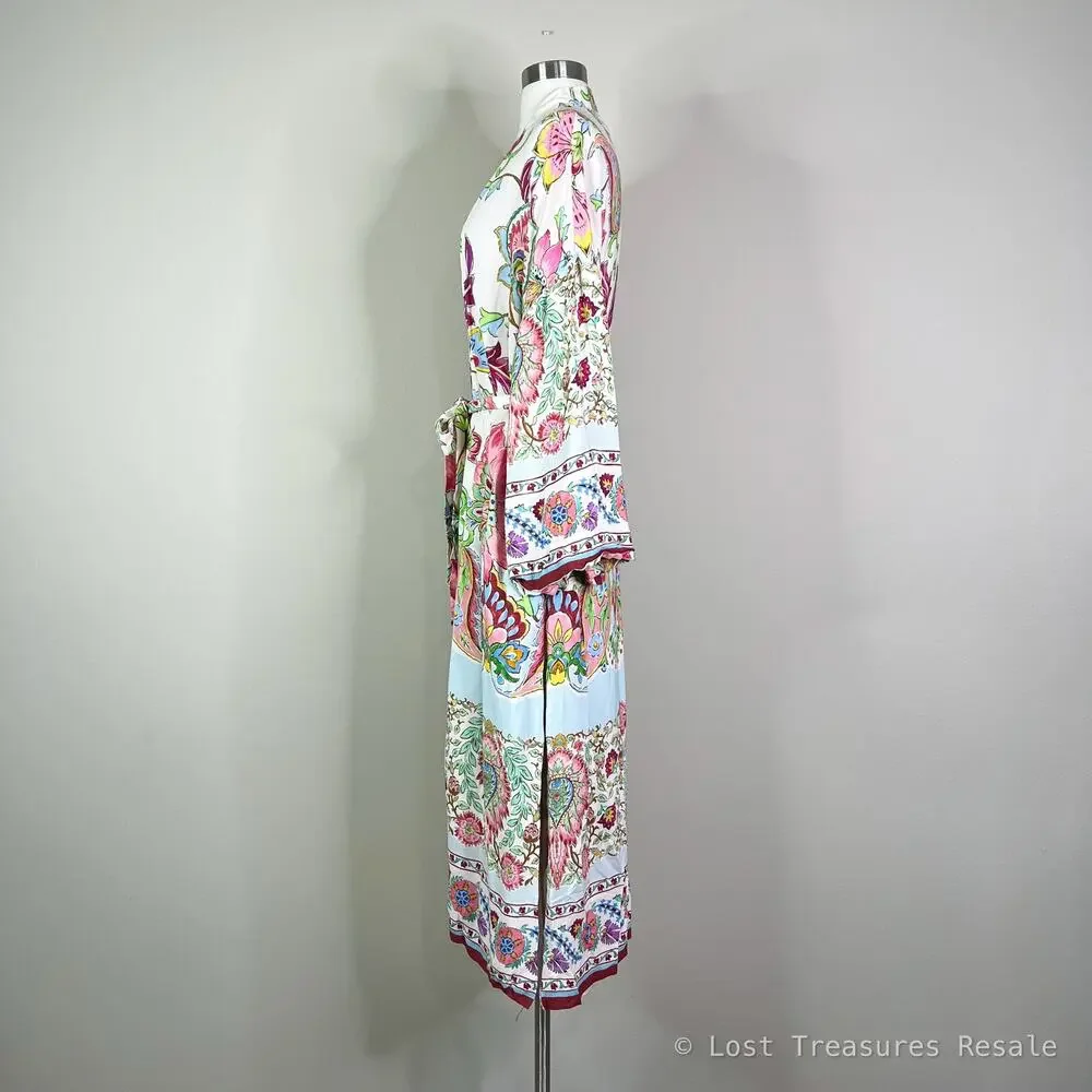 ZARA | Floral Print Belted Long Kimono Duster Cover Up White Pink Cardigan Large